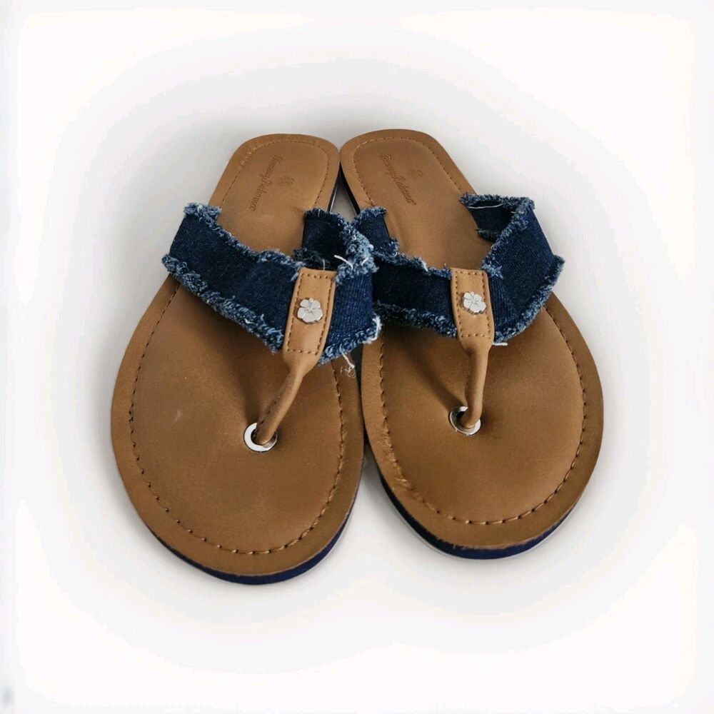 Tommy Bahama Denim Ruffle Flip Flops Brown Thong Sandals Womens Approx Sz 8 GUC